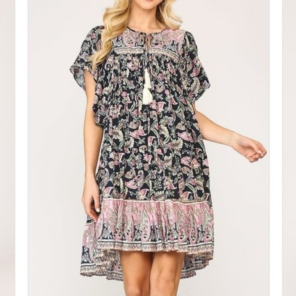 Gigio Baby Doll Paisley Print Tassels Dress Medium Blue Pink Rayon